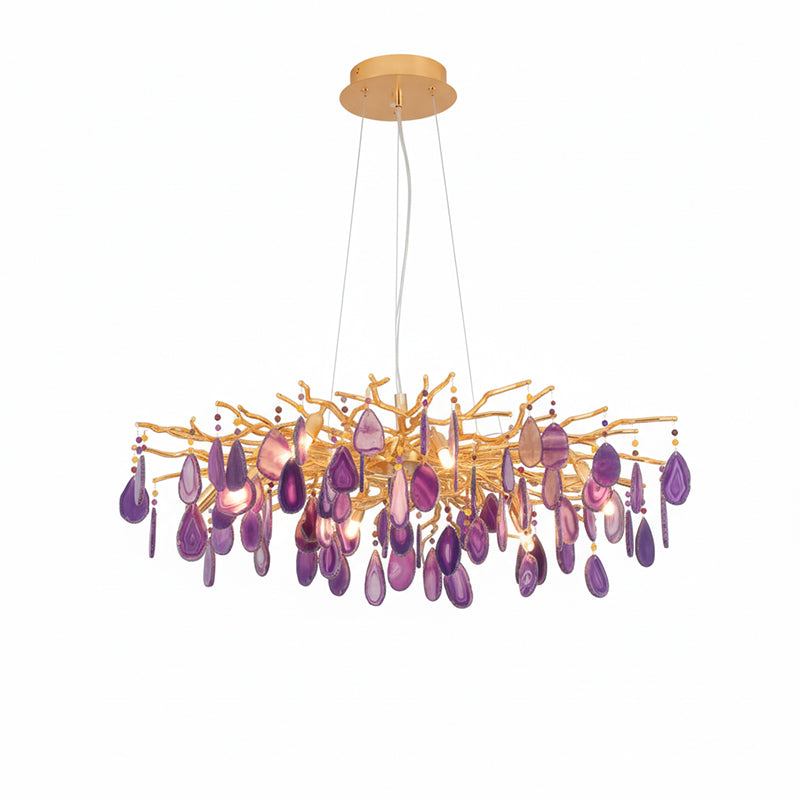 Natuursteen Agaat Kroonluchter met Vergulde Metalen Behuizing - Handgeslepen Schijven Warm Goudkleurige Afwerking 8 of 9 Lichtpunten Luxe Plafondverlichting Exclusief Statement-Piece | Sansoti