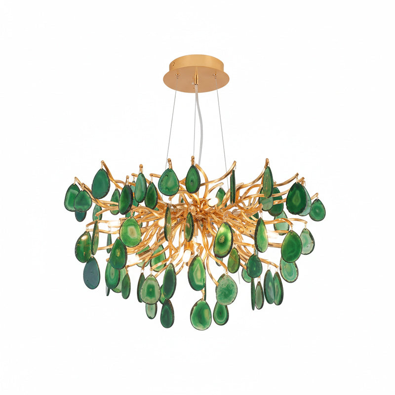 Natuursteen Agaat Kroonluchter met Vergulde Metalen Behuizing - Handgeslepen Schijven Warm Goudkleurige Afwerking 8 of 9 Lichtpunten Luxe Plafondverlichting Exclusief Statement-Piece | Sansoti