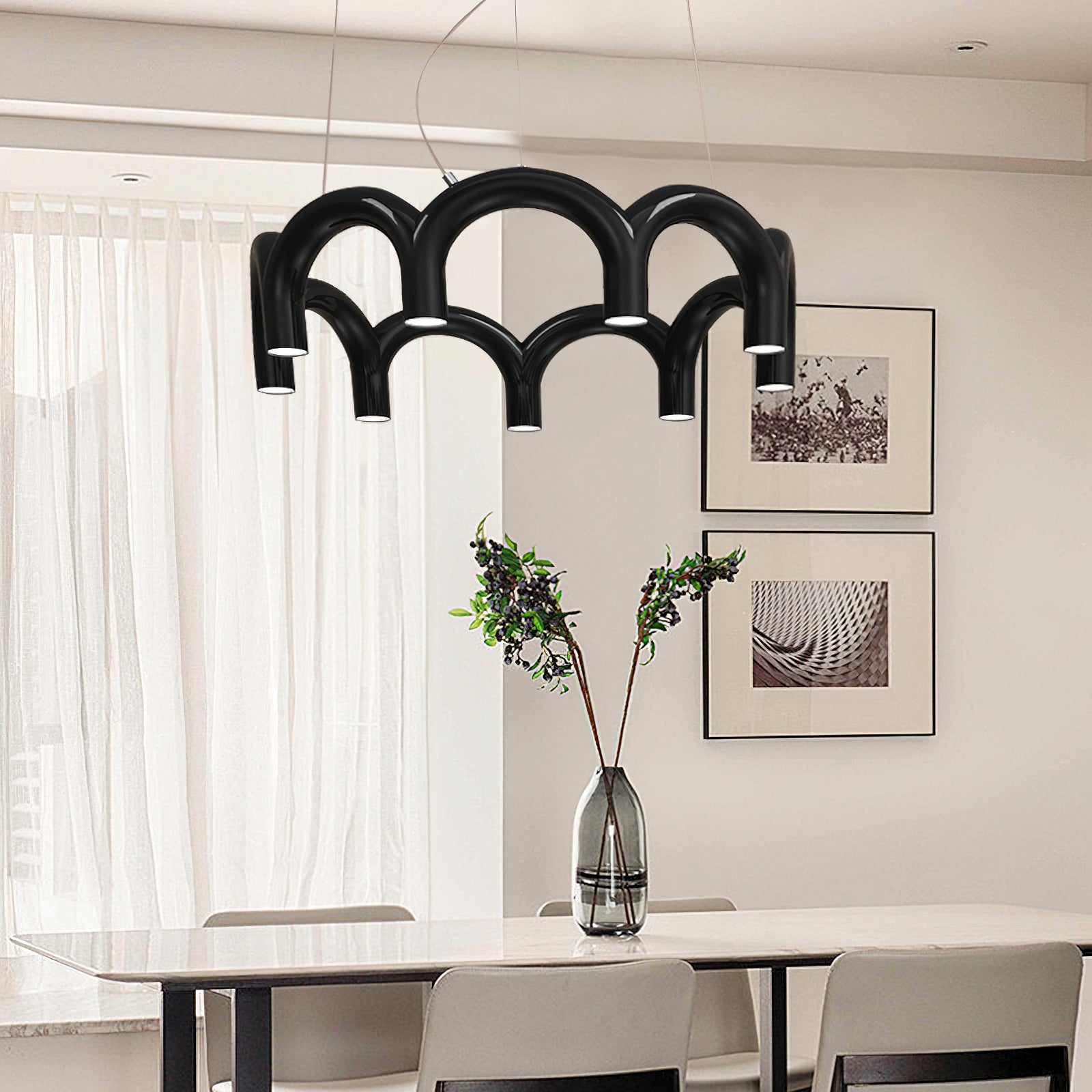 Moderne Kroonluchter met Cirkelvormige M-Bogen – 4, 7 of 9 Lichtpunten in Wit, Zwart of Blauw | Sansoti