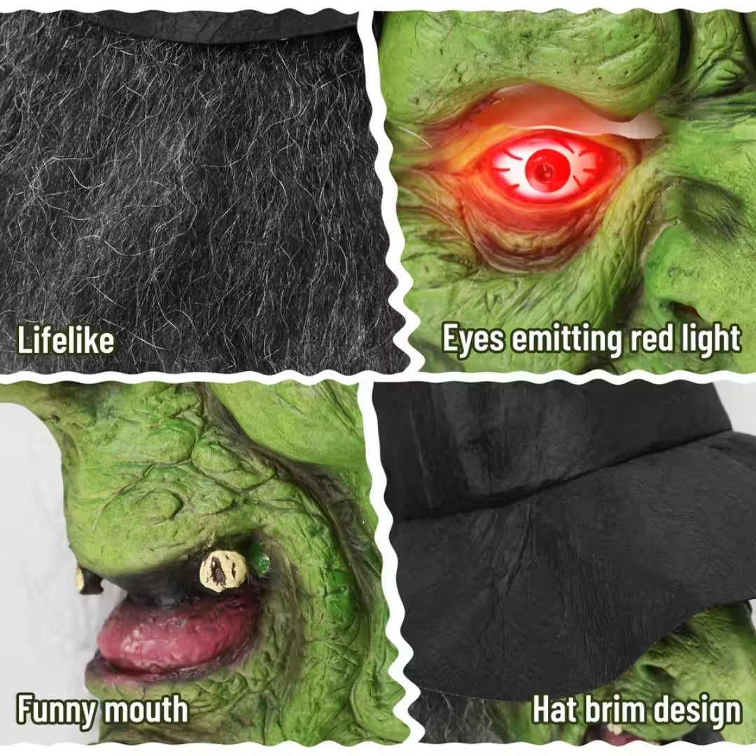 Halloween Witch Mask for Adults with Glowing Eyes Green Black Complete Set Including Hair and Hat | Sansoti