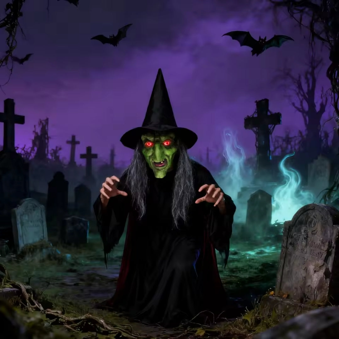 Halloween Witch Mask for Adults with Glowing Eyes Green Black Complete Set Including Hair and Hat | Sansoti