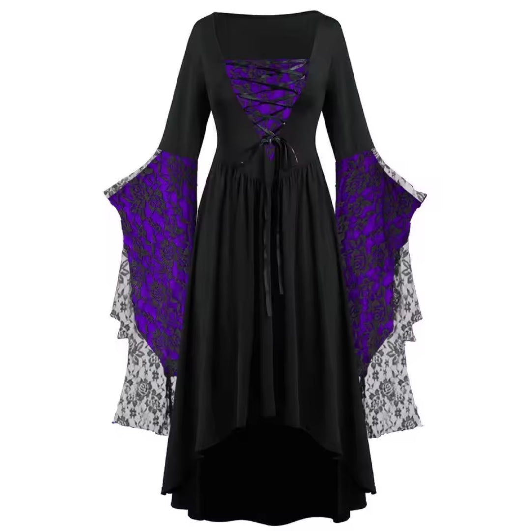 Gothic Heksenjurk Lange Mouw Vintage Zwart Paars Kostuumjurk Halloween Feest Fantasy Carnaval Verkleedkleding | Sansoti