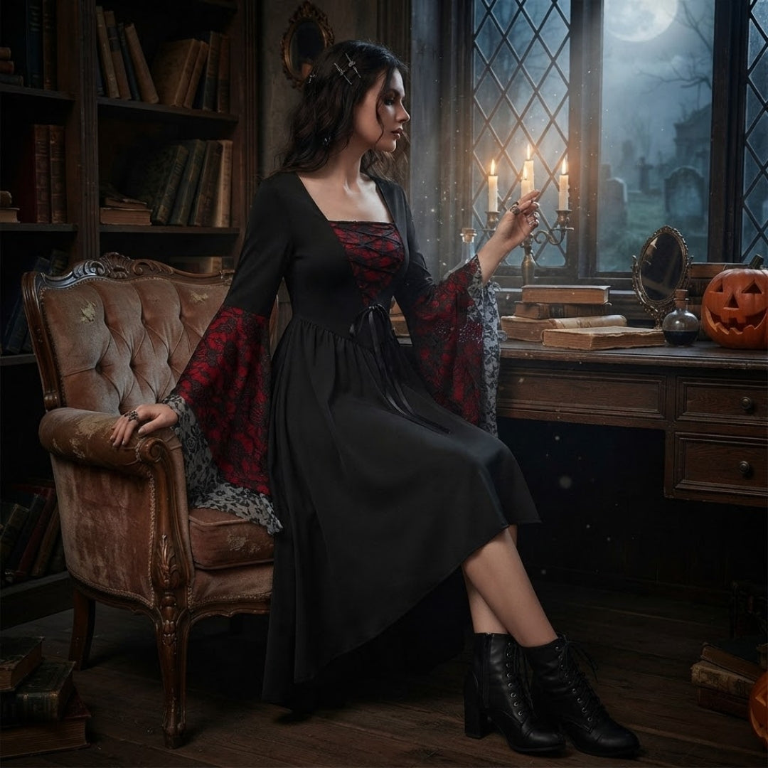 Gothic Heksenjurk Lange Mouw Vintage Zwart Paars Kostuumjurk Halloween Feest Fantasy Carnaval Verkleedkleding | Sansoti