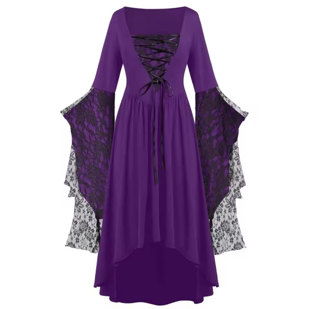 Gothic Heksenjurk Lange Mouw Vintage Zwart Paars Kostuumjurk Halloween Feest Fantasy Carnaval Verkleedkleding | Sansoti