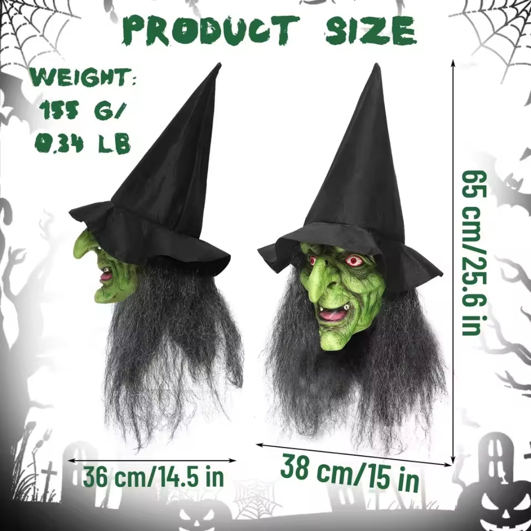 Halloween Witch Mask for Adults with Glowing Eyes Green Black Complete Set Including Hair and Hat | Sansoti