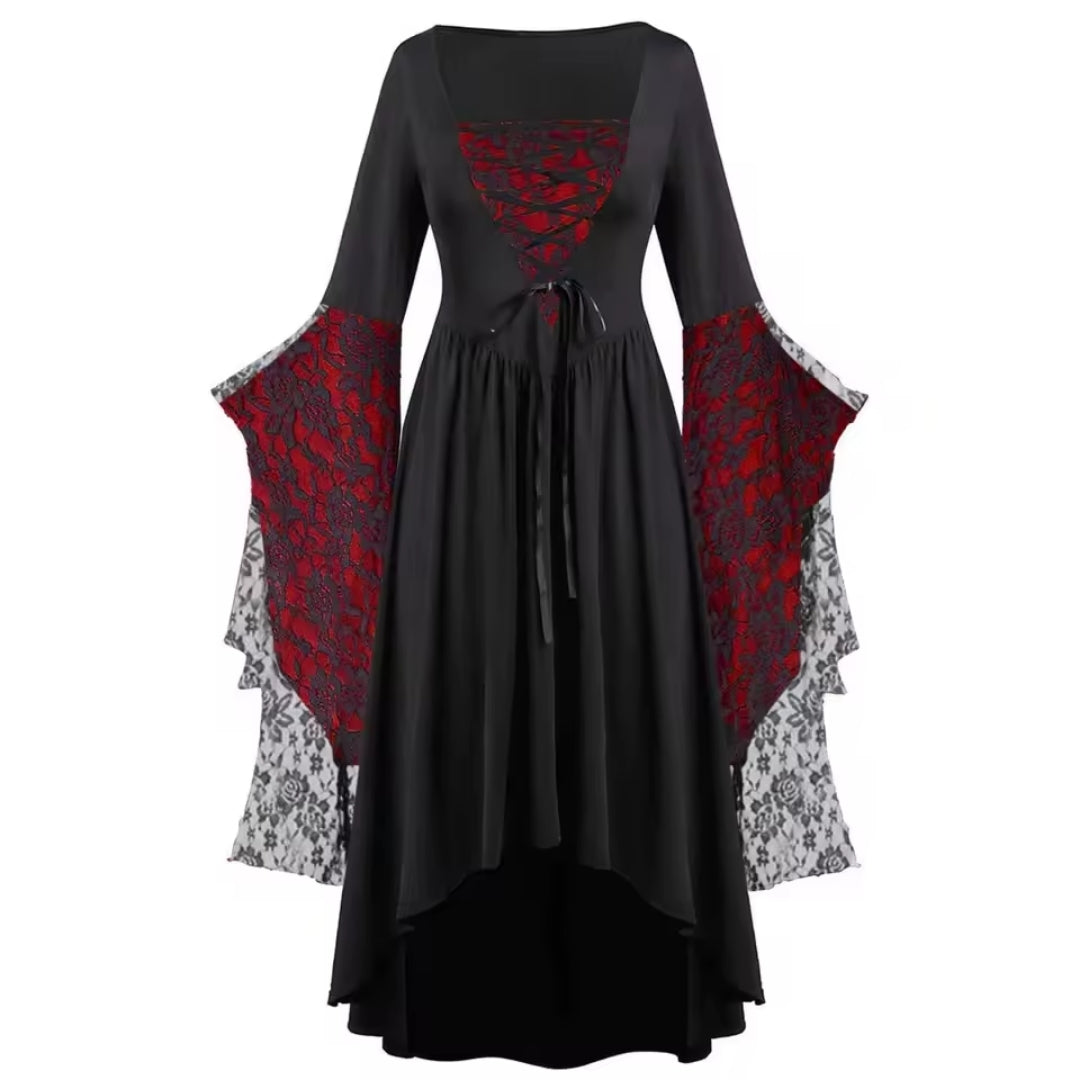 Gothic Heksenjurk Lange Mouw Vintage Zwart Paars Kostuumjurk Halloween Feest Fantasy Carnaval Verkleedkleding | Sansoti