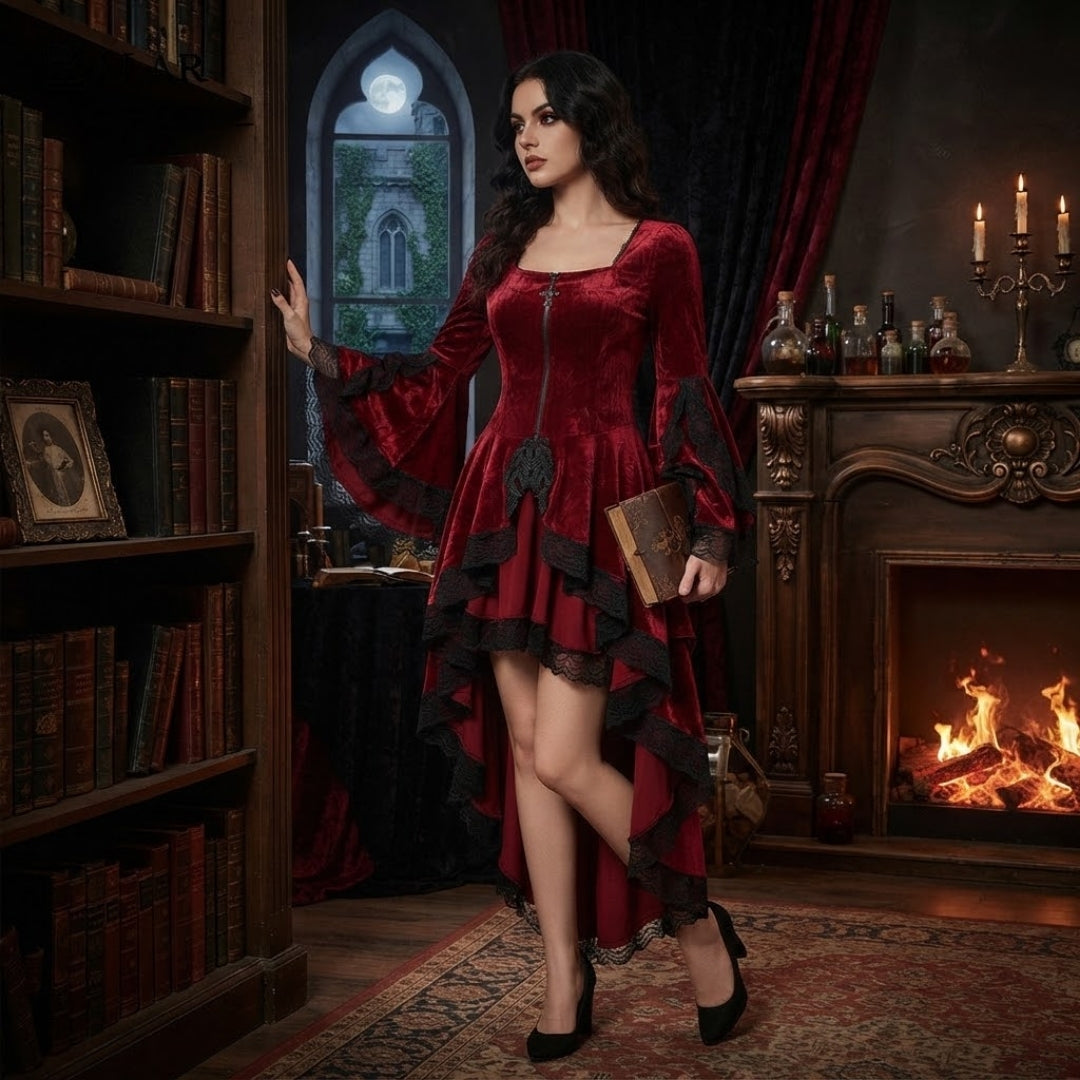 Robe de sorcière gothique en velours avec dentelle, asymétrique, à longues manches papillon, costume de cosplay pour Halloween et les fêtes | Sansoti