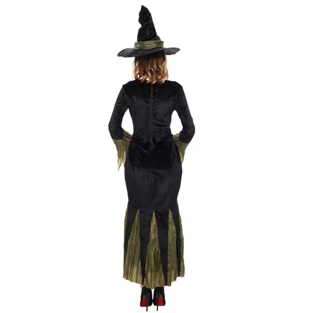 Hexenkostüm für Damen mit schwarzem Kleid und Spitzhut - komplettes Kostüm für Halloween und Karneval | Sansoti