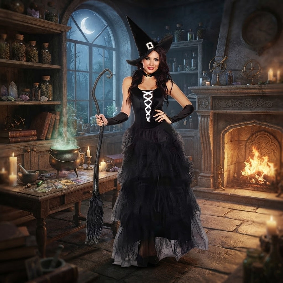 Fantasy Heksenjurk Volwassenen Zwart Polyester Verkleedkostuum Carnaval Halloween Themafeesten Feestkleding | Sansoti