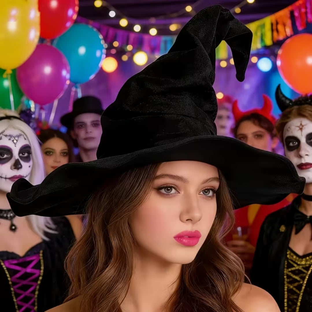 Pointed Witch Hat Canvas Black Wide Brim Halloween Carnival Cosplay Fancy Dress Accessory Party Costume | Sansoti