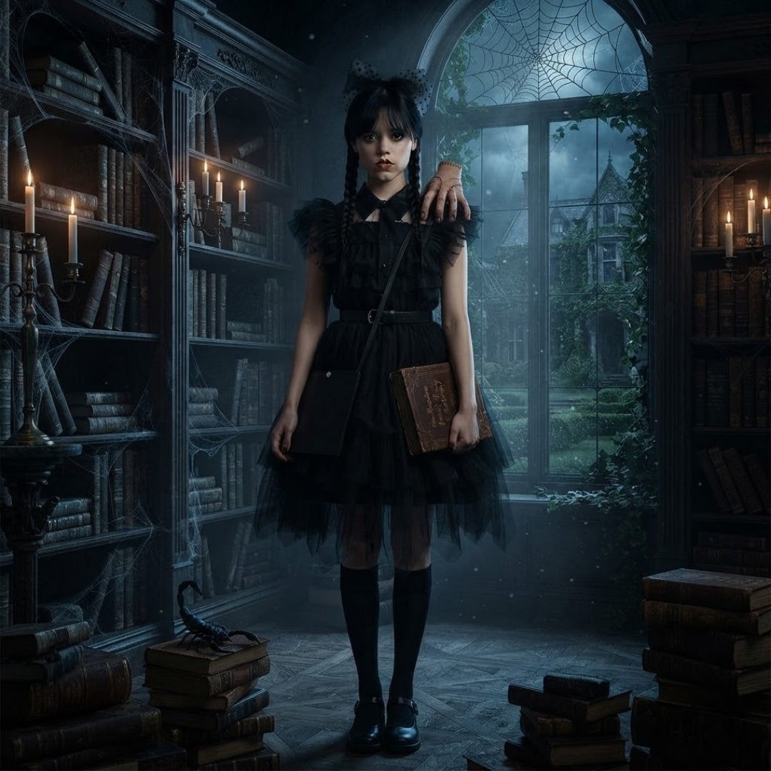 Gothic Halloween Feestjurk voor Kinderen met Pofmouwen Klassieke Kraag Lange Rok Mysterieuze Verkleedkleding | Sansoti