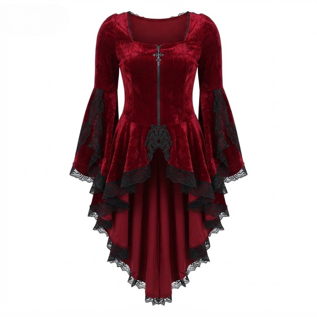 Robe de sorcière gothique en velours avec dentelle, asymétrique, à longues manches papillon, costume de cosplay pour Halloween et les fêtes | Sansoti