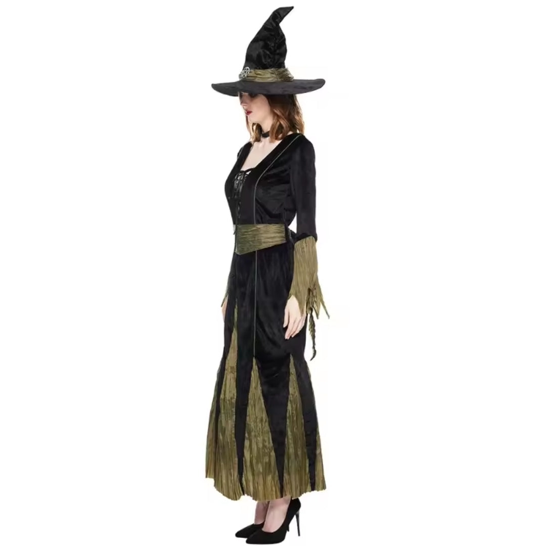 Hexenkostüm für Damen mit schwarzem Kleid und Spitzhut - komplettes Kostüm für Halloween und Karneval | Sansoti