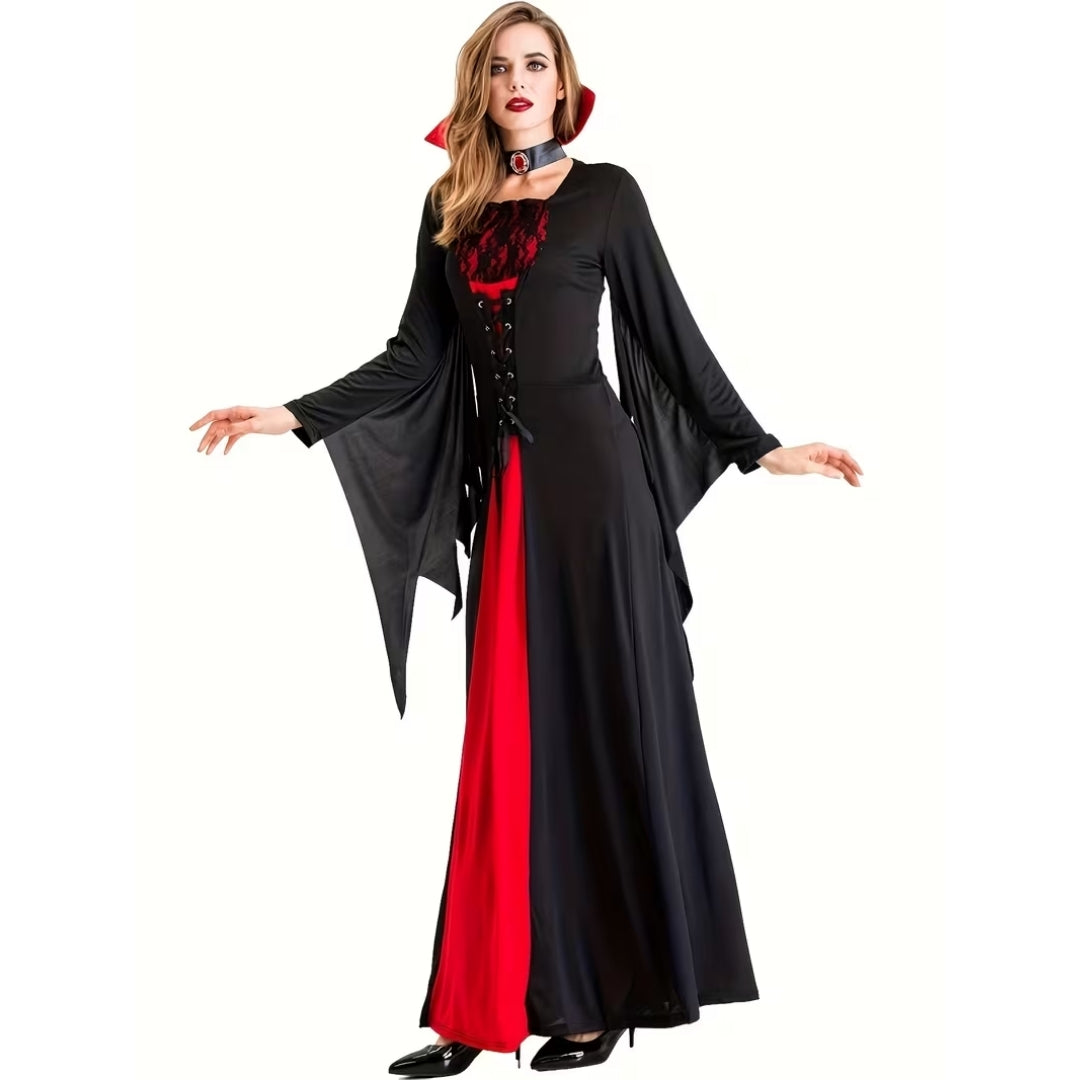 Gothic Vampire Dress with High Collar and Lace-Up Details, Long Ceremonial Costume, Halloween Women's Fancy Dress | Sansoti