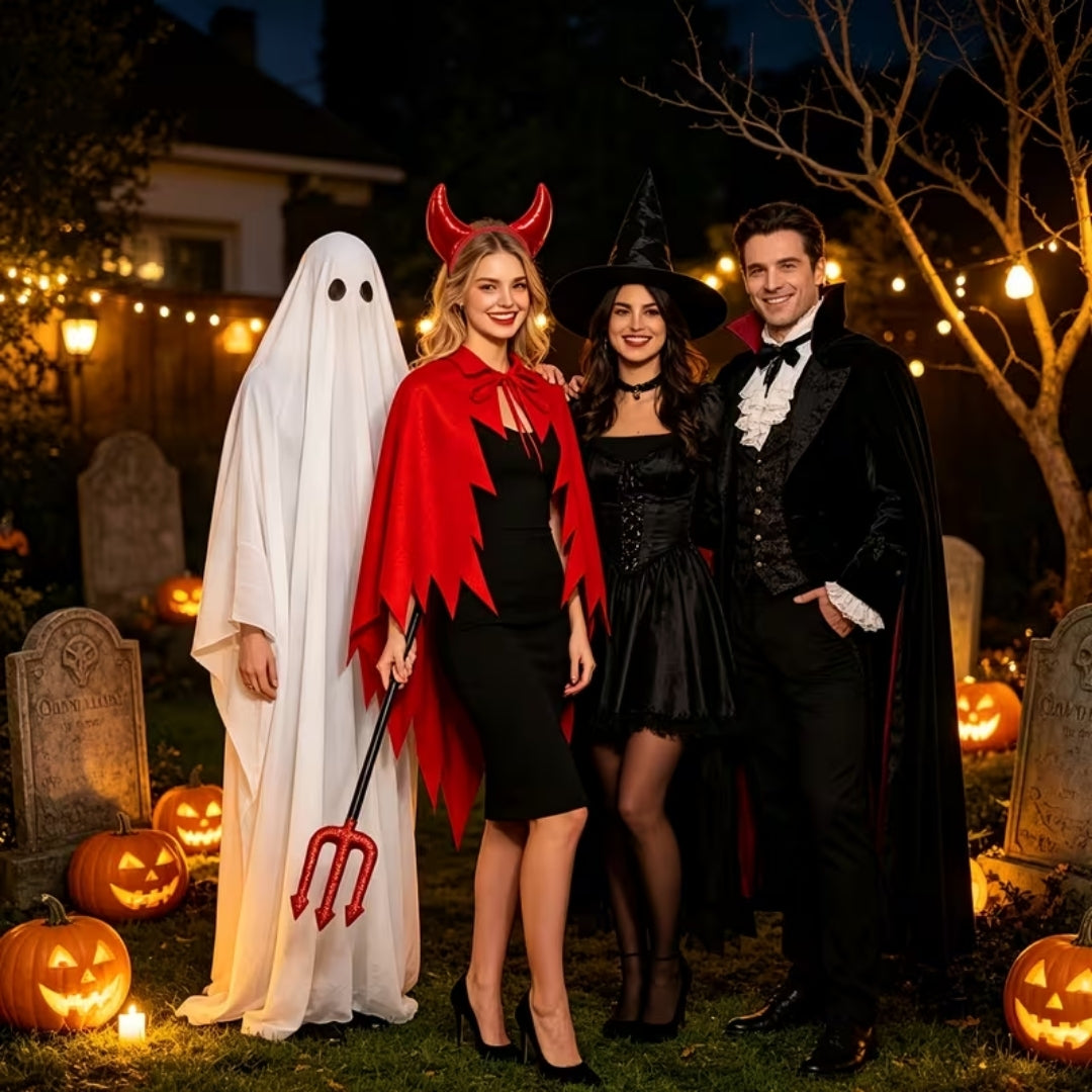 Dreiteiliges Damen-Teufelskostüm mit Umhang, Hörnern und Dreizack - Halloween-Karneval-Verkleidungsset für Partys und Rollenspiele | Sansoti