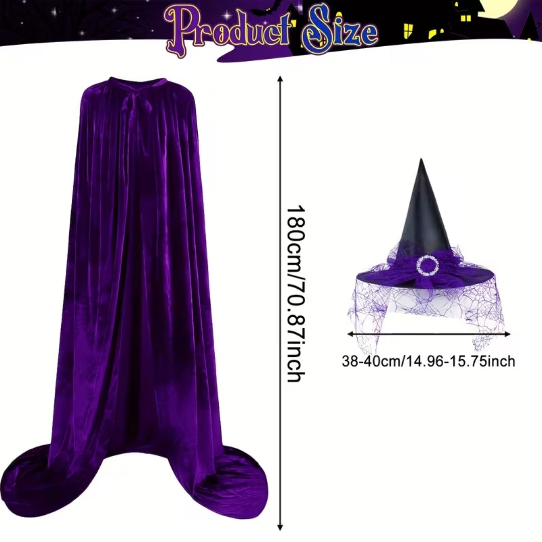 Wizard robe with pointed hat for adults, black and purple, Halloween cosplay fantasy costume complete set | Sansoti
