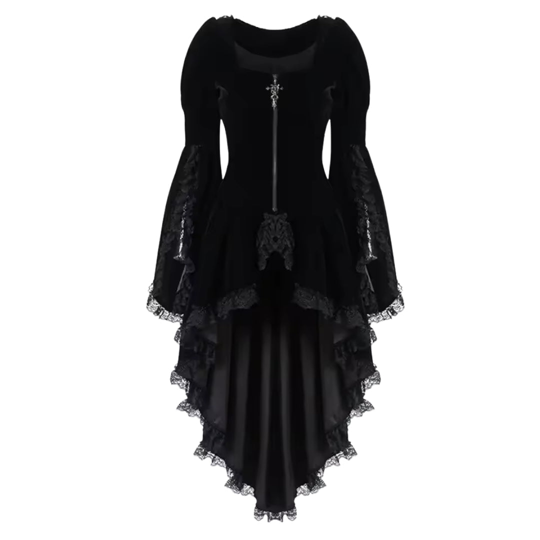 Robe de sorcière gothique en velours avec dentelle, asymétrique, à longues manches papillon, costume de cosplay pour Halloween et les fêtes | Sansoti