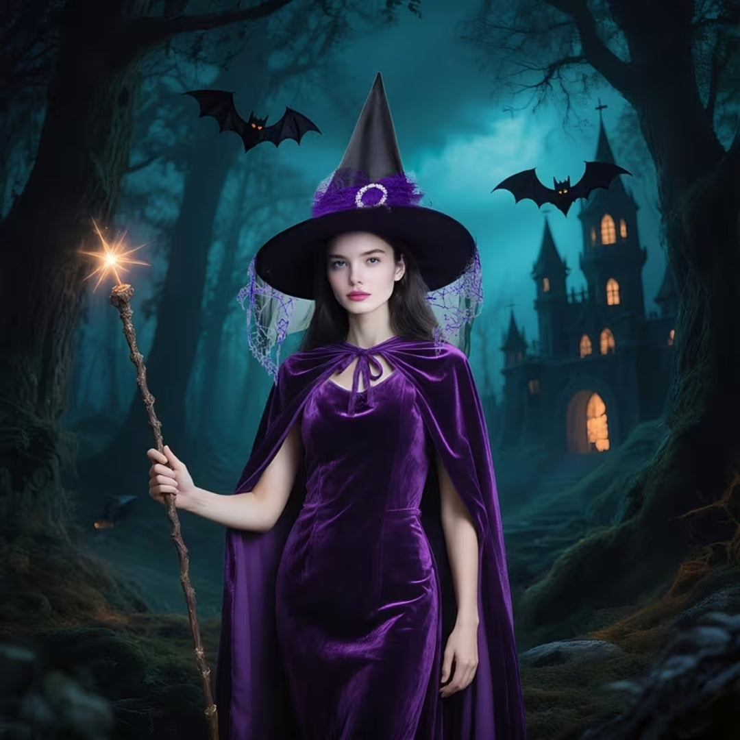 Wizard robe with pointed hat for adults, black and purple, Halloween cosplay fantasy costume complete set | Sansoti