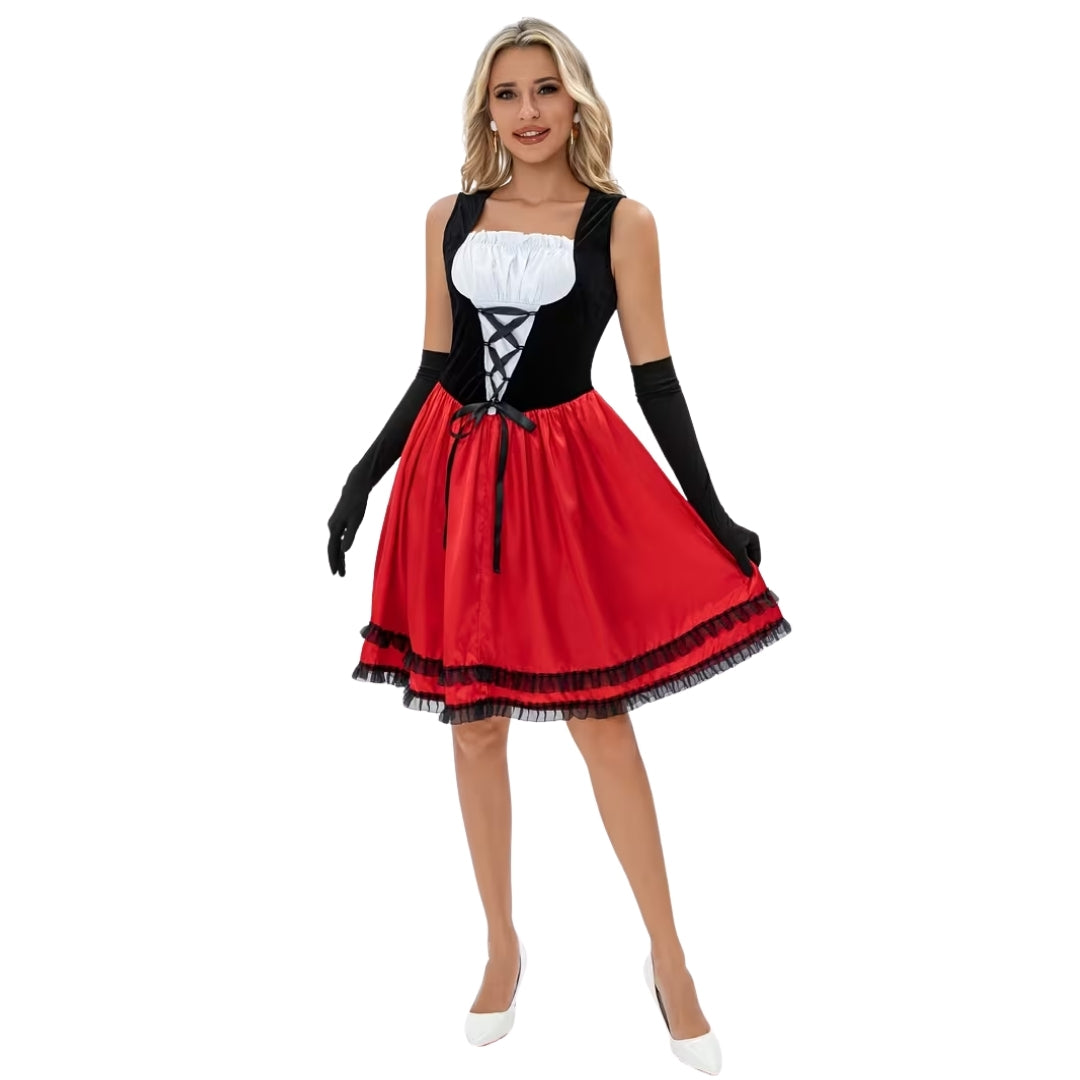 Sprookjeskostuum Dames Driedelig Set met Cape en Handschoenen Rood Feestkleding Carnaval Verkleedoutfit | Sansoti