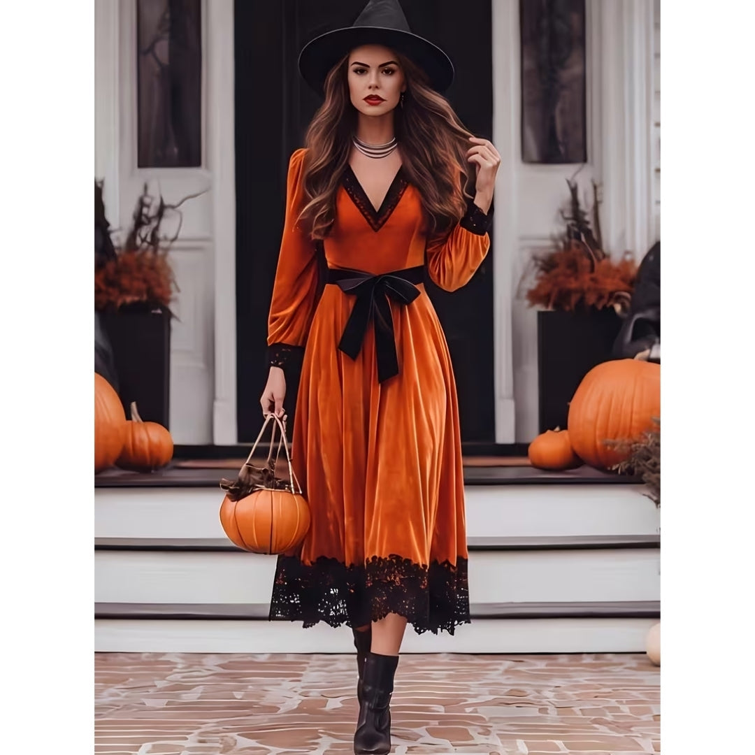 Wampirza sukienka imprezowa Vintage Poliester Dekolt w serek Koronka Pomarańczowy Damski strój przebierańca Impreza tematyczna Halloween Kostium | Sansoti