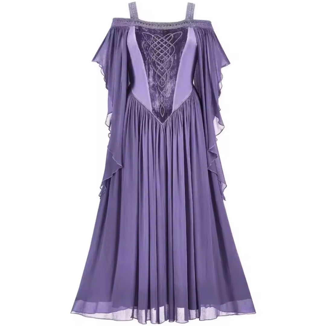Middeleeuwse Fantasy Jurk Lang Off-Shoulder Paars Groen Zwart Blauw Cosplay Prinses Heks Carnaval Feest | Sansoti