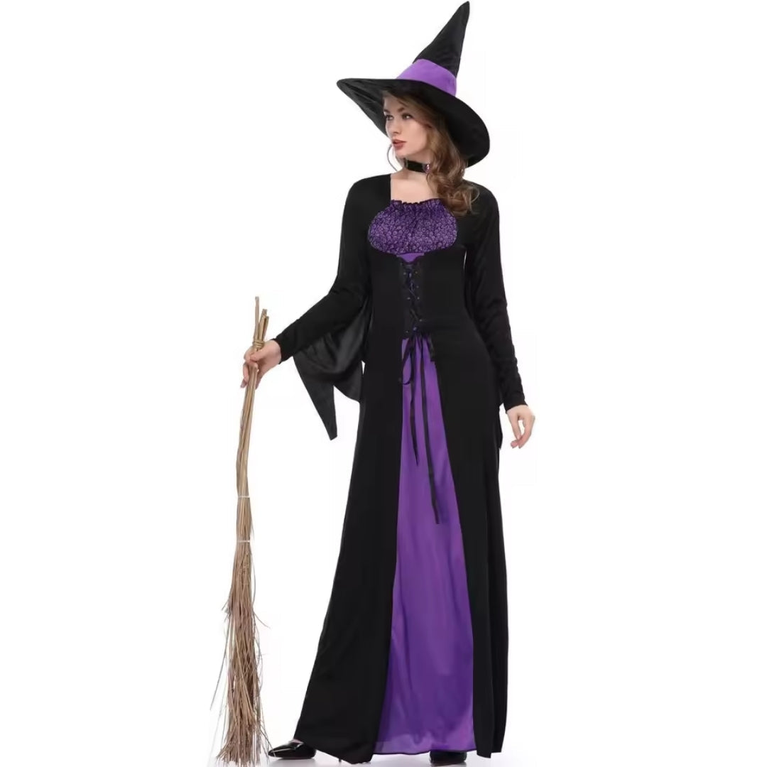 Gothic Heksenjurk met Hoed Zwart Paars Lange Mouwen Halloween Carnaval Cosplay Feest Kostuum Verkleedkleding | Sansoti