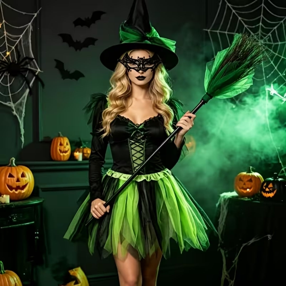 Heksenkostuum met Hoed en Bezem voor Volwassenen – Feestelijke Verkleedkleding Halloween Party Outfit | Sansoti