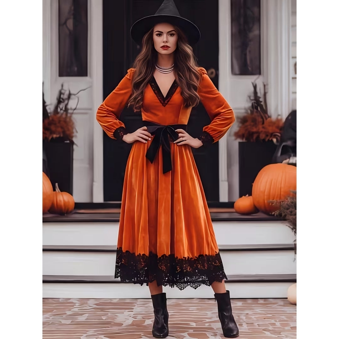 Wampirza sukienka imprezowa Vintage Poliester Dekolt w serek Koronka Pomarańczowy Damski strój przebierańca Impreza tematyczna Halloween Kostium | Sansoti