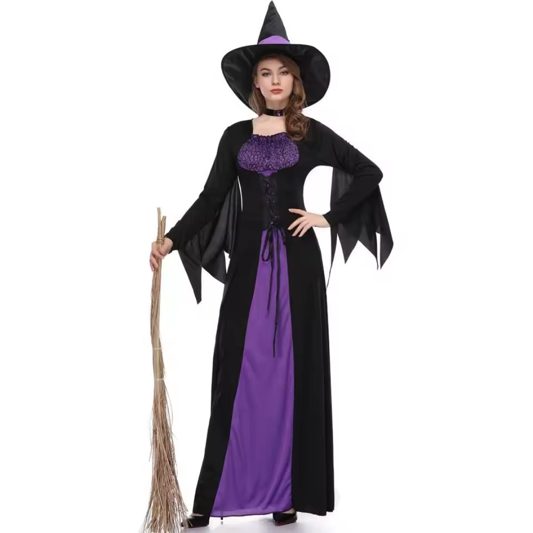Gothic Heksenjurk met Hoed Zwart Paars Lange Mouwen Halloween Carnaval Cosplay Feest Kostuum Verkleedkleding | Sansoti