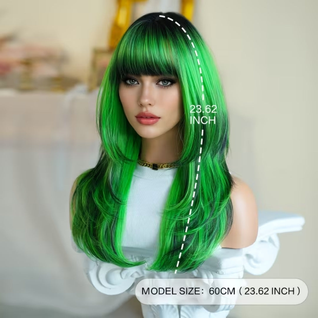 Lange Golvende Pruik met Pony Groen Synthetisch Haar voor Cosplay Verkleedfeest Halloween Carnaval Party | Sansoti