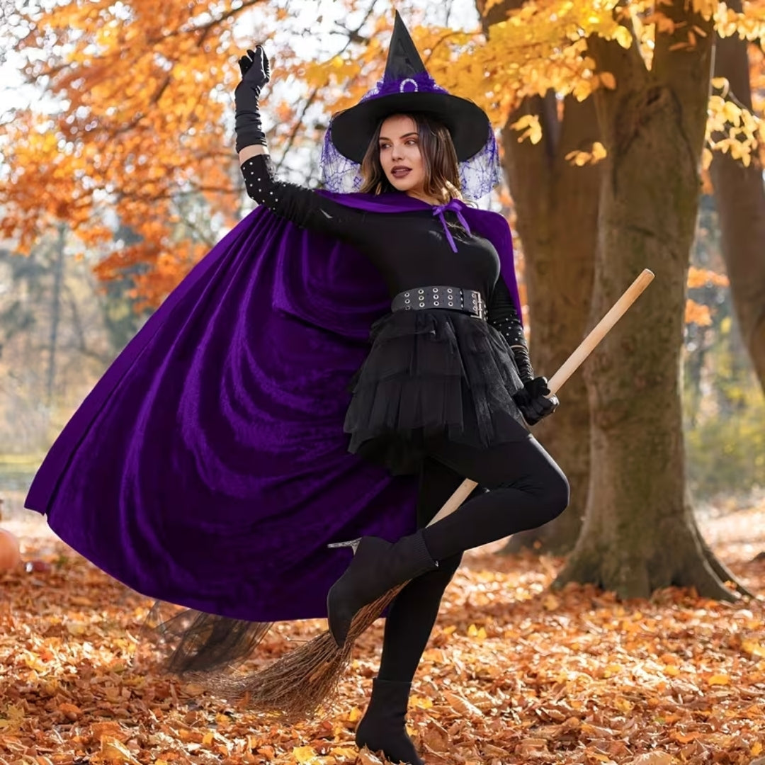 Wizard robe with pointed hat for adults, black and purple, Halloween cosplay fantasy costume complete set | Sansoti