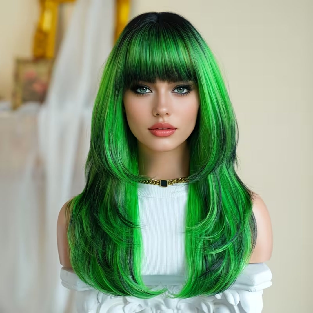 Lange Golvende Pruik met Pony Groen Synthetisch Haar voor Cosplay Verkleedfeest Halloween Carnaval Party | Sansoti