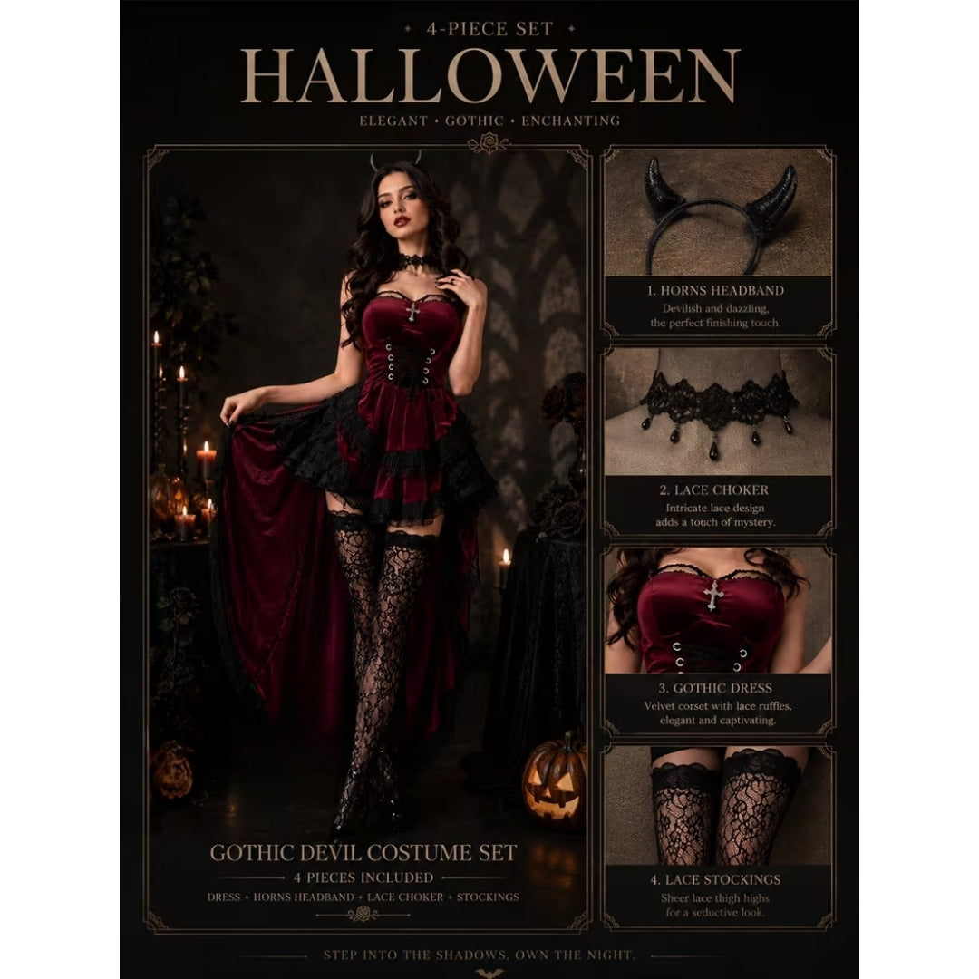 Gothic Duivelkostuum Dames Bordeauxrood Zwart Kant Gelaagd Halloween Carnaval Cosplay Feest Verkleedkleding | Sansoti