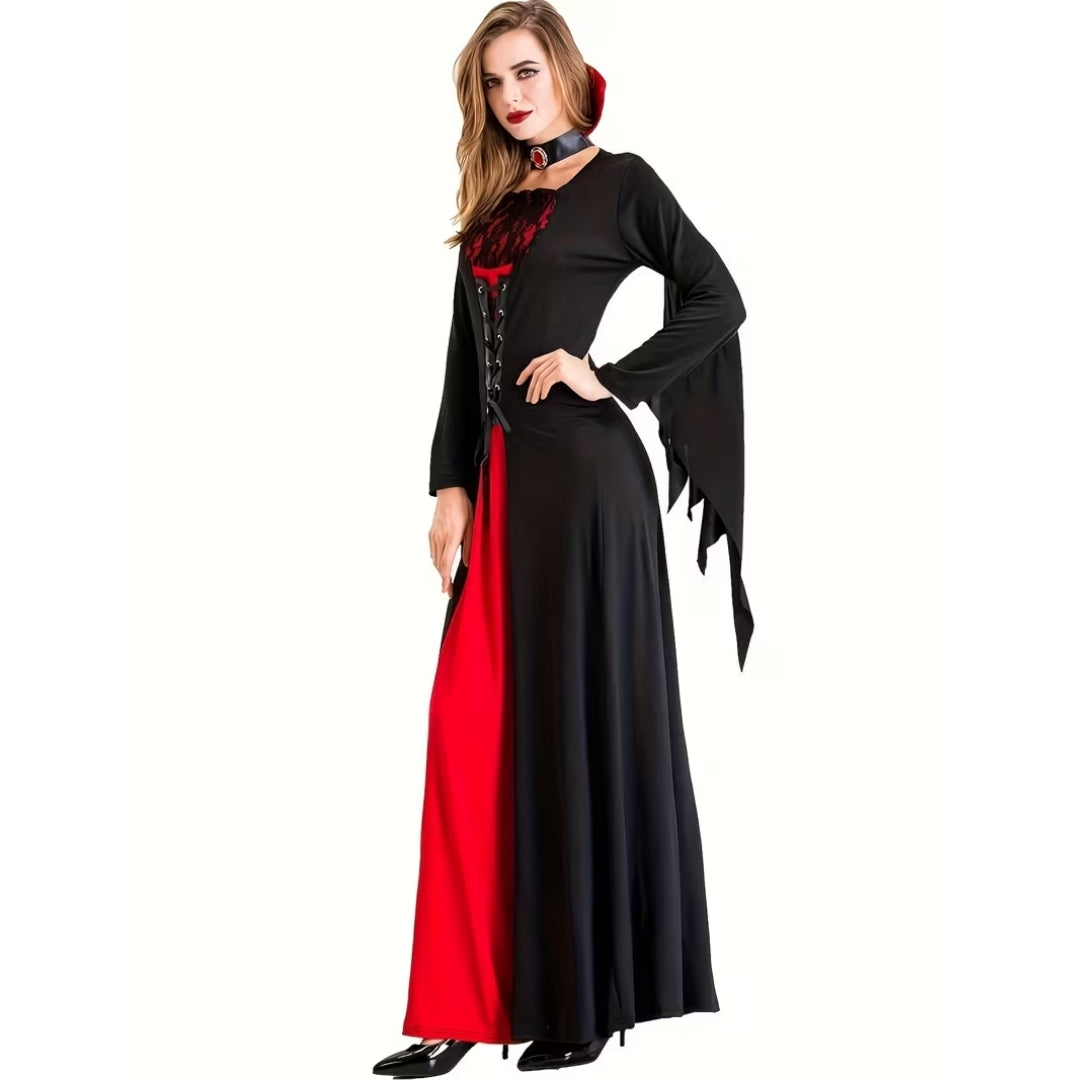 Gothic Vampire Dress with High Collar and Lace-Up Details, Long Ceremonial Costume, Halloween Women's Fancy Dress | Sansoti