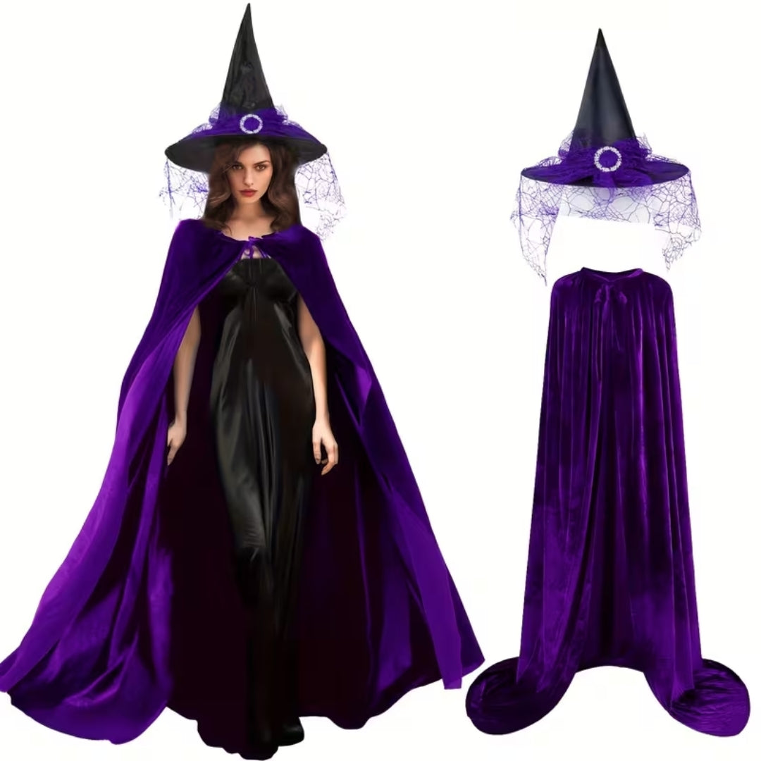Wizard robe with pointed hat for adults, black and purple, Halloween cosplay fantasy costume complete set | Sansoti