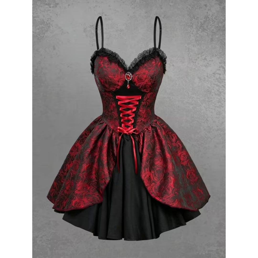 Gothic Vampierjurk met Rozenprint Corsetdetail Kanten Mouwen voor Halloween Cosplay Feest Carnaval Dames | Sansoti