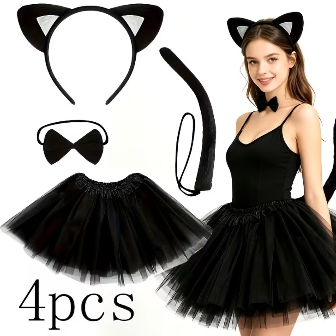 Kattenverkleedset Dames 4-delig met Tutu Oren Staart Strikje voor Halloween Feest Cosplay Themafeest Zwart | Sansoti