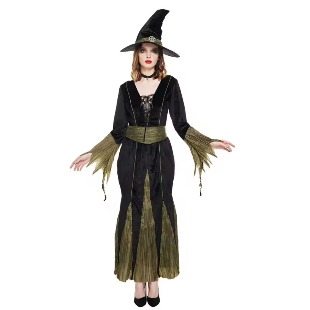 Hexenkostüm für Damen mit schwarzem Kleid und Spitzhut - komplettes Kostüm für Halloween und Karneval | Sansoti