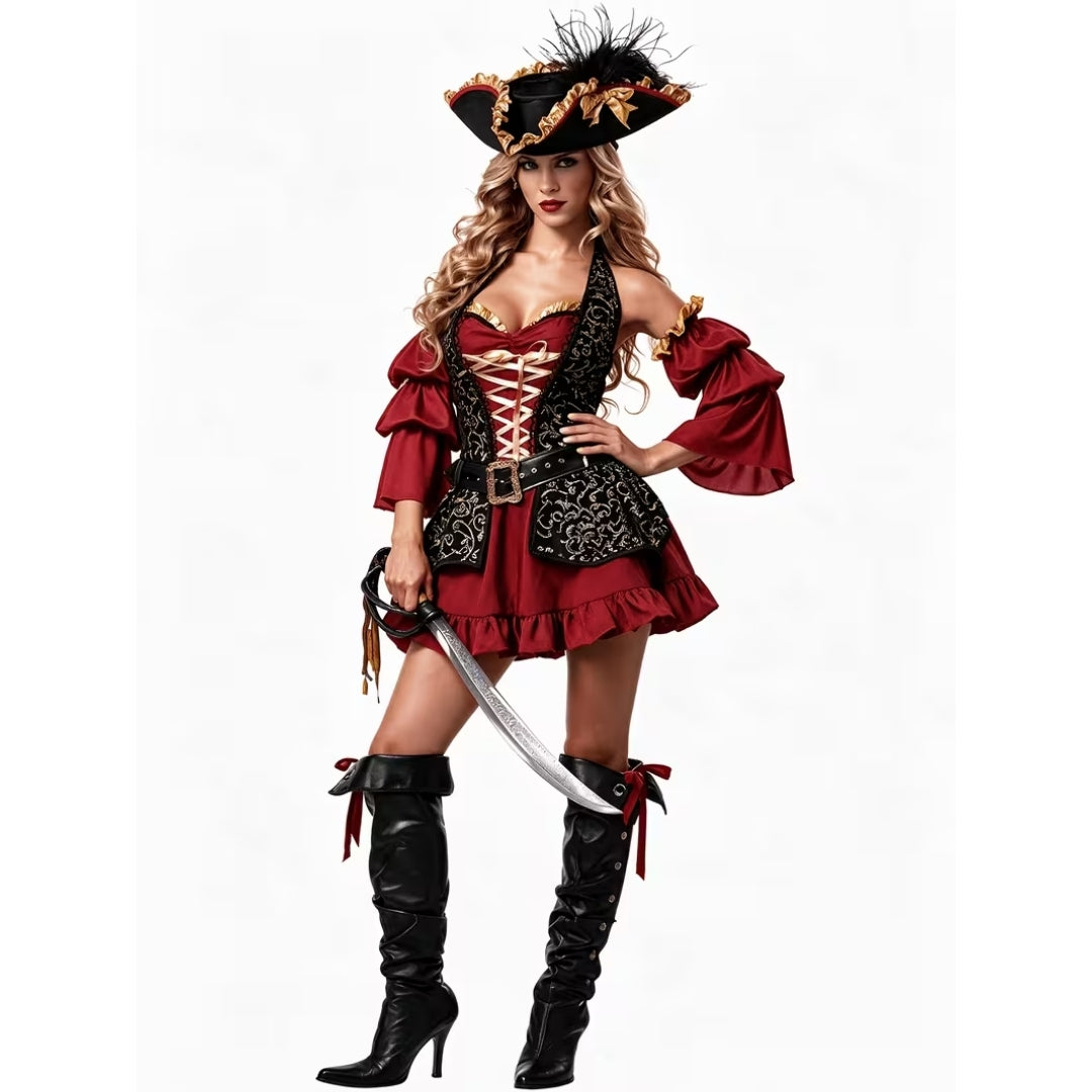 Pirate Dress Captain Corset Retro Carnival Cosplay Women's Halloween Themed Party Costume Vintage Partywear | Sansoti
