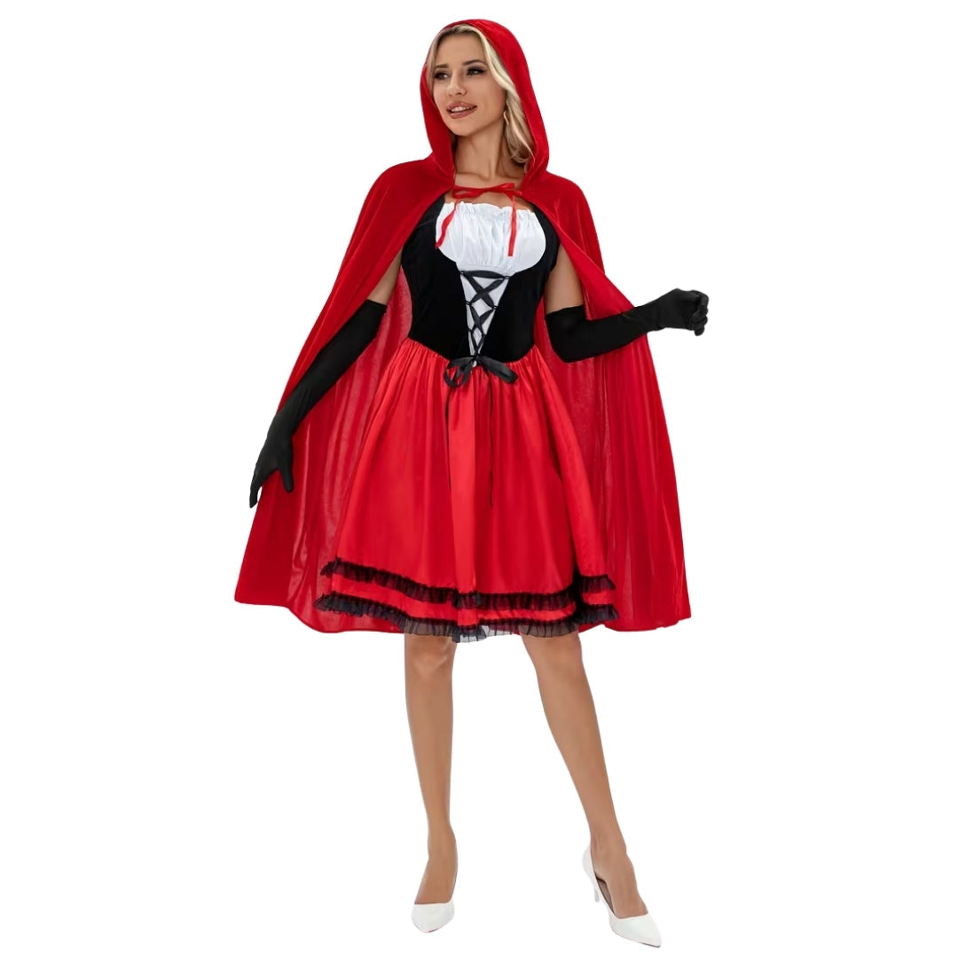 Sprookjeskostuum Dames Driedelig Set met Cape en Handschoenen Rood Feestkleding Carnaval Verkleedoutfit | Sansoti