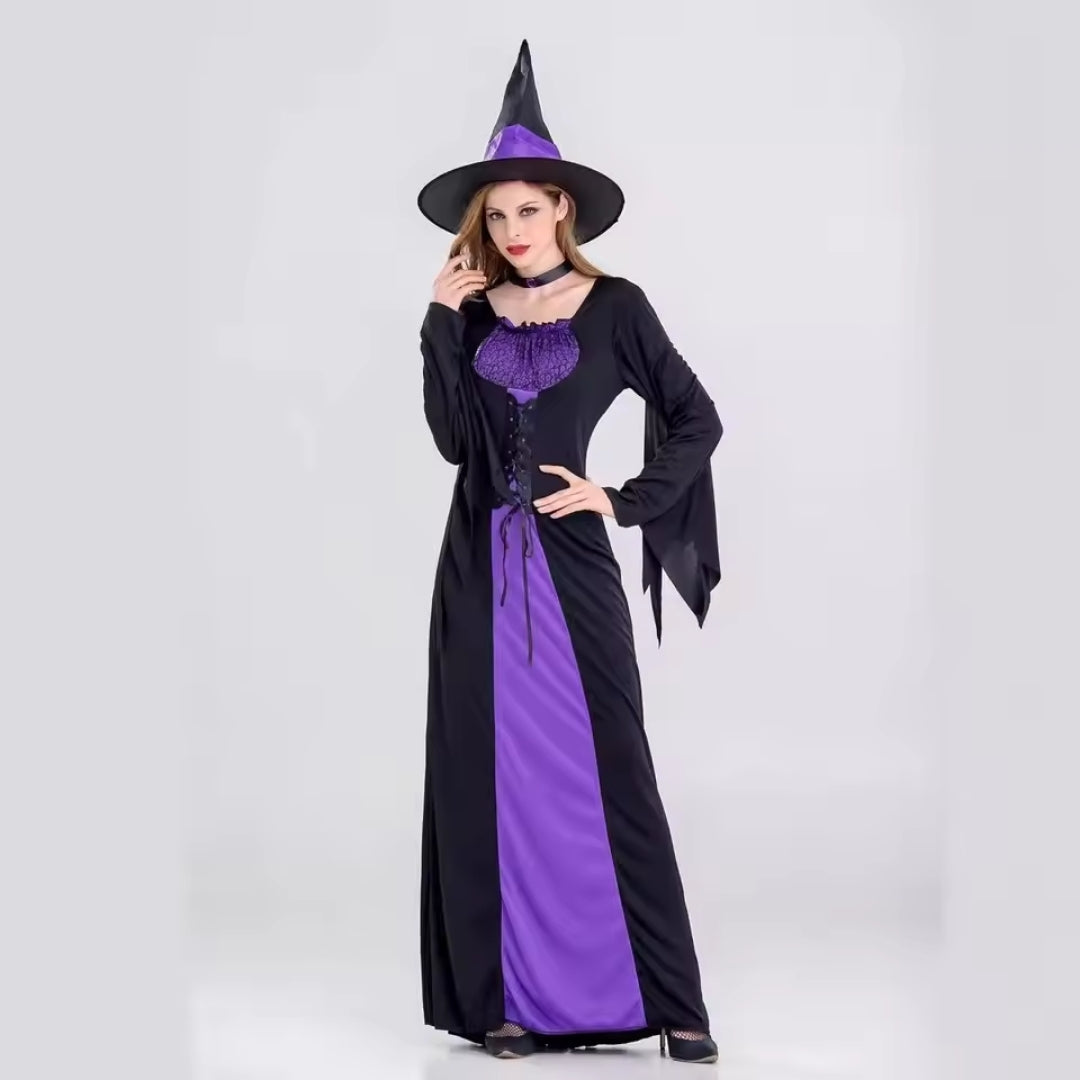 Gothic Heksenjurk met Hoed Zwart Paars Lange Mouwen Halloween Carnaval Cosplay Feest Kostuum Verkleedkleding | Sansoti