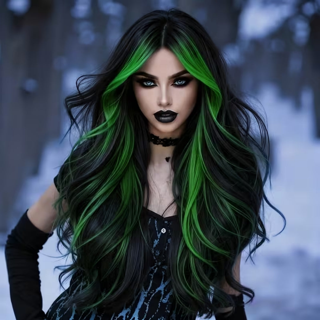Lange Golvende Pruik Dames met Groene Highlights voor Cosplay Halloween Carnaval Feest Verkleedpartij 61 cm | Sansoti