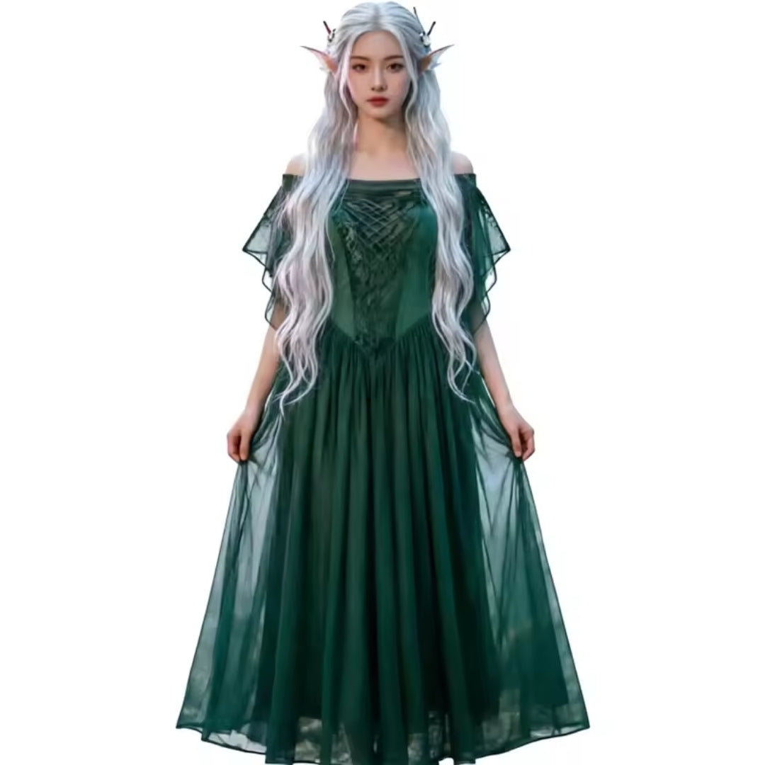 Middeleeuwse Fantasy Jurk Lang Off-Shoulder Paars Groen Zwart Blauw Cosplay Prinses Heks Carnaval Feest | Sansoti