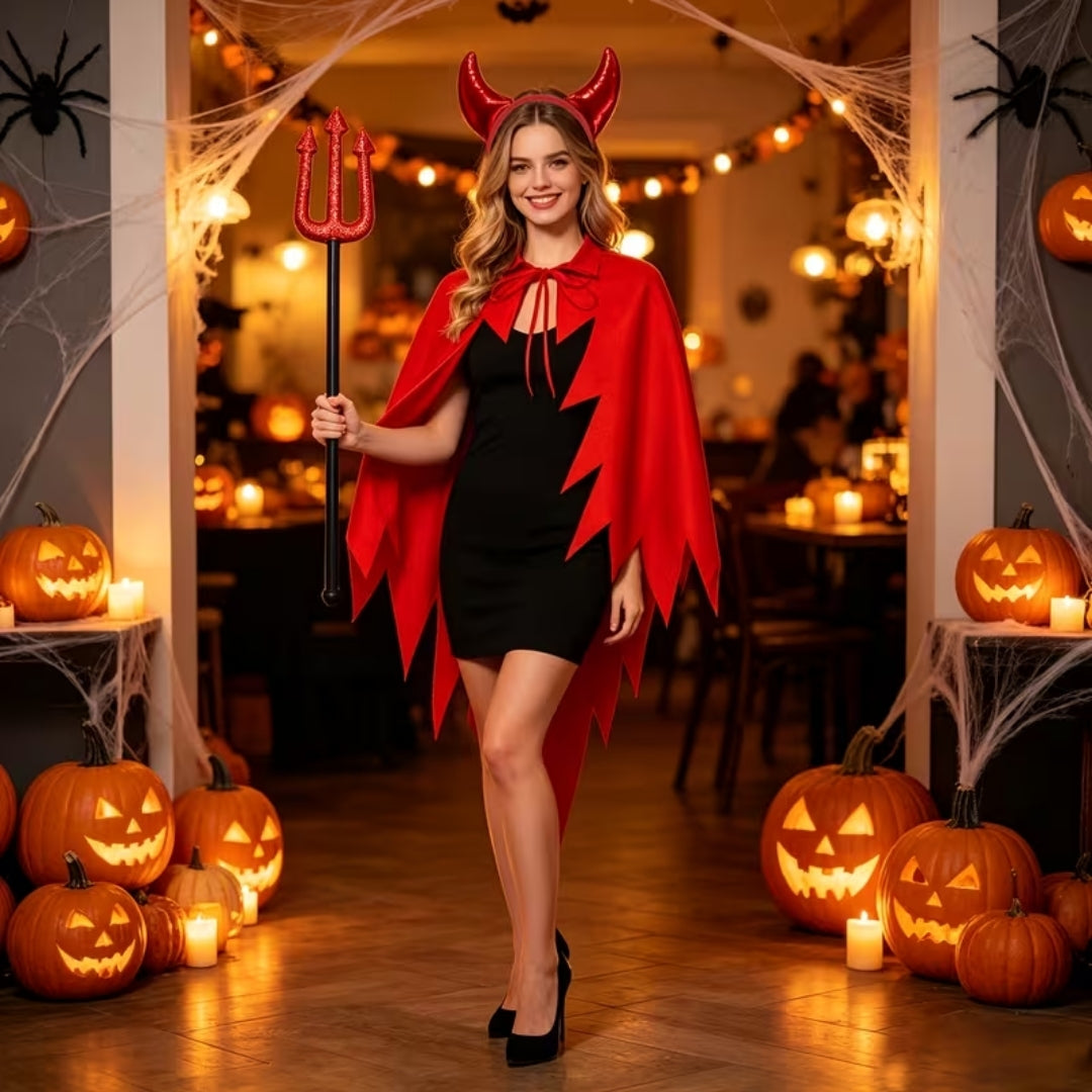 Dreiteiliges Damen-Teufelskostüm mit Umhang, Hörnern und Dreizack - Halloween-Karneval-Verkleidungsset für Partys und Rollenspiele | Sansoti