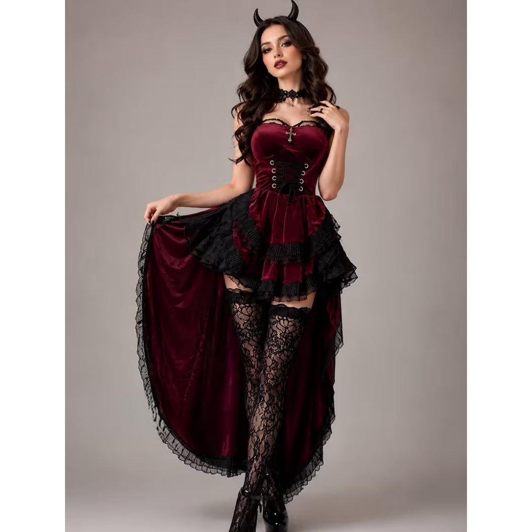Gothic Duivelkostuum Dames Bordeauxrood Zwart Kant Gelaagd Halloween Carnaval Cosplay Feest Verkleedkleding | Sansoti