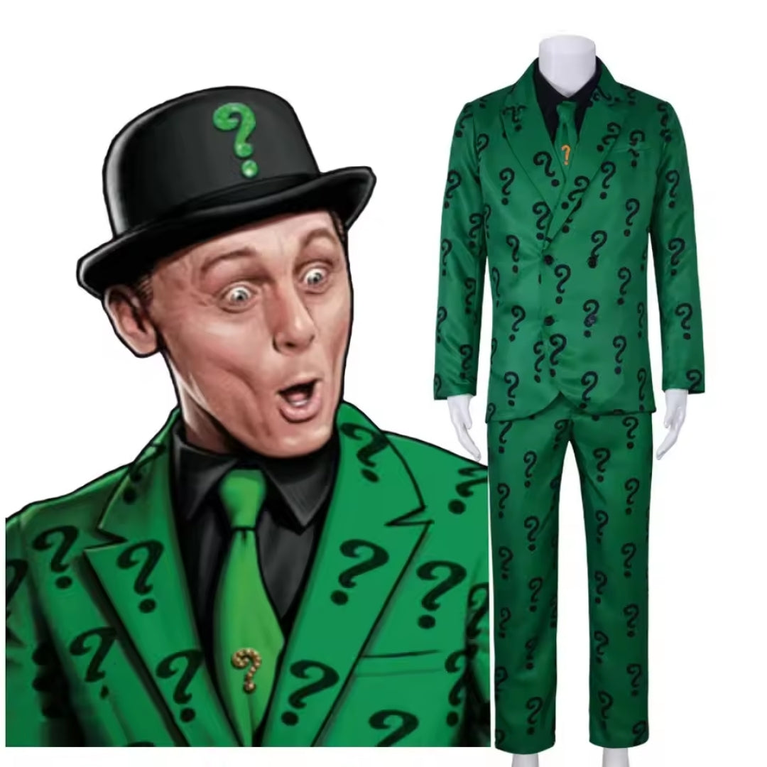Riddler Verkleedpak Heren Compleet Set Groen Polyester Jas Broek Hoed Halloween Carnaval Cosplay Feest | Sansoti