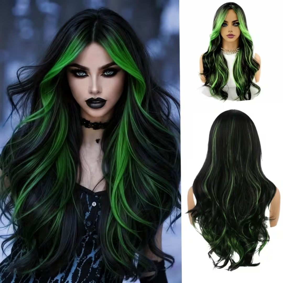Lange Golvende Pruik Dames met Groene Highlights voor Cosplay Halloween Carnaval Feest Verkleedpartij 61 cm | Sansoti