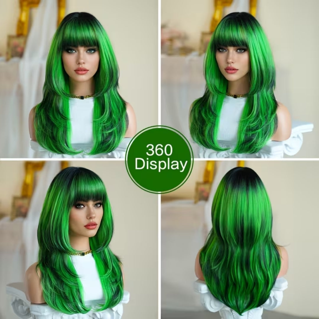 Lange Golvende Pruik met Pony Groen Synthetisch Haar voor Cosplay Verkleedfeest Halloween Carnaval Party | Sansoti