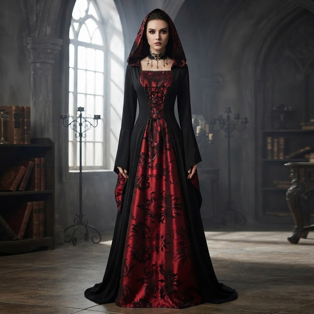 Gothic Costume Dress with Cape Medieval Vampire Halloween Costume Women's Partywear Carnival Theme Party | Sansoti