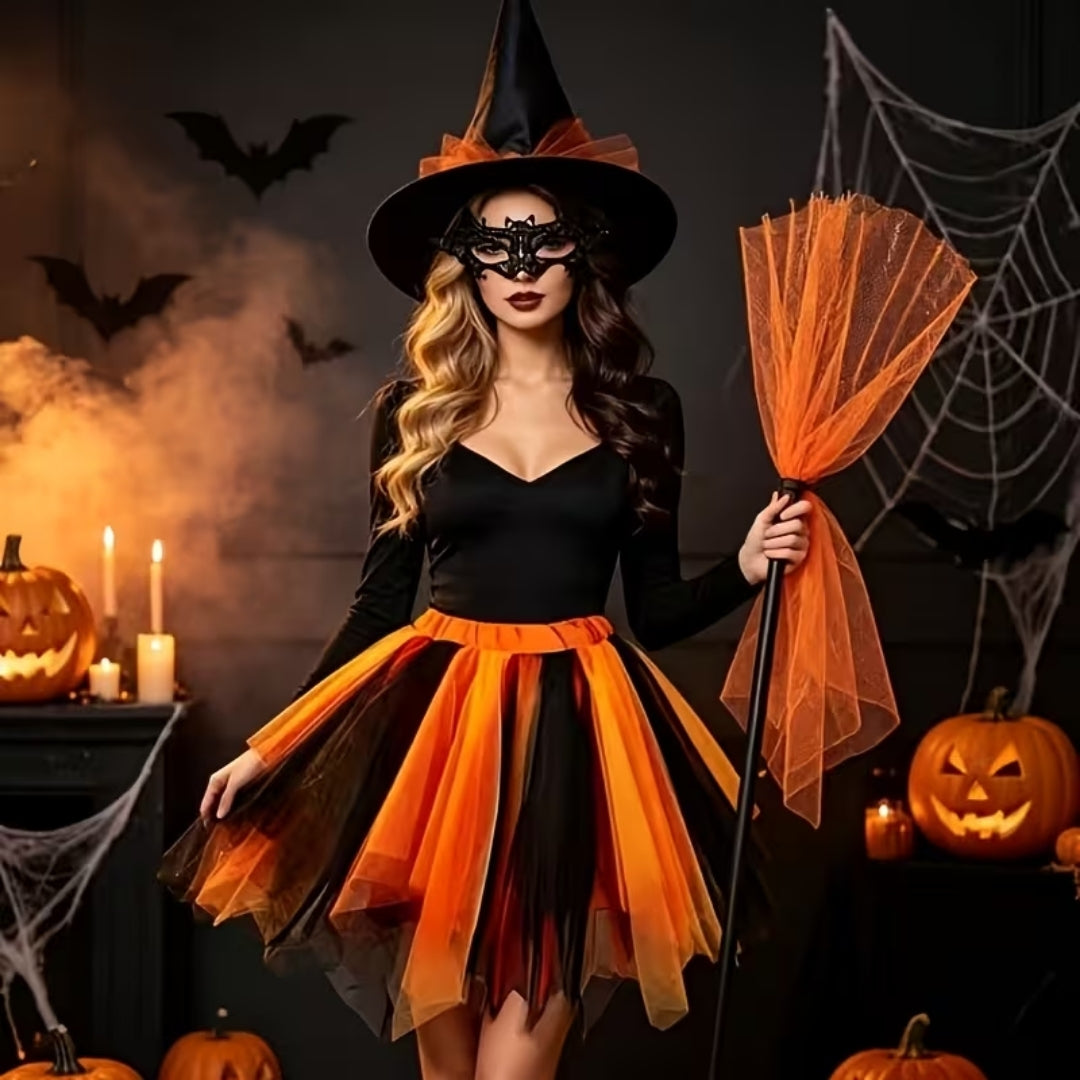 Heksenkostuum met Hoed en Bezem voor Volwassenen – Feestelijke Verkleedkleding Halloween Party Outfit | Sansoti